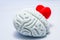 Brain and heart on a white background. Heart shape peeps or hiding behind the anatomical shape of the brain. The brain protects th