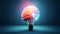 Brain inside of light bulb blue gradient background