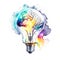 Brain inside a light bulb, dreamy, watercolor art on white background