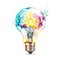 Brain inside a light bulb, dreamy, watercolor art on white background