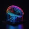 Brain maquette with neon nerves on black stand. Blue, purple, yellow lights, future technologies. AI generative