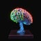 Brain maquette with neon nerves standing on black stand. Blue, purple, yellow lights, future technologies. AI generative