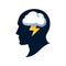 Brainstorm concept. Silhouette of a head with a cloud and lightning. Vector illustration