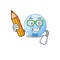 A brainy student blue moon cartoon character with pencil and glasses