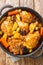 Braised chicken meat with spicy sauce, prunes, carrots, potatoes, olives and onions close-up in a frying pan. Vertical top view