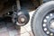 Brake disc and brake calipers of vehicle. Car brake pad. Car service. Automobile braking system. Vehicle tyres