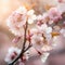 Branch of cherry blossoms is shown in the sun\\\'s rays, with pink flowers and green leaves in the foreground on a white