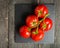 Branch with five ripe red tomatoes. Drops of water on ripe fruits. Green leaves and trunk.