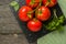 Branch with five ripe red tomatoes. Drops of water on ripe fruits. Green leaves and trunk.