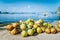 Branch of fresh coconut fruits on the corong beach in El Nido, Palawan, Philippines