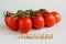 Branch of fresh red baby plum tomatoes on a white background. The inscription on the cubes:  tomatoes. Copy space