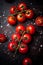 A branch of fresh tomatoes with pieces of salt.