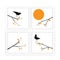 Branch illustration with birds silhouettes on sunset, vector. Scandinavian minimalist art design. Four pieces poster design