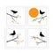 Branch illustration with birds silhouettes on sunset, vector. Scandinavian minimalist art design. Four pieces poster design