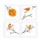 Branch illustration with birds silhouettes on sunset, vector. Scandinavian minimalist art design. Four pieces poster design, artwo