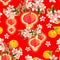 Branch of mandarin orange fruit, red paper lantern. Chinese new year card. Watercolor