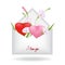 Branch of pink bindweed,fresh green grass and two red heart inside a simple white envelope