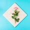 Branch of pink rose on ocher marble square slab. story on braight blue background