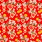 Branch of plum blossom with red paper lanterns, holiday mandarin fruits. Chinese new year seamless pattern. Watercolor