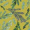 Branch of watercolor rosemary with blue flowers and needles on mustard yellow background. Botany seamless pattern. Cooking, kitche