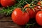 Branches of ripe red tomatoes and branches of rosemary on dark wooden background. Close-up, selective focus. Tomatoes in drops of