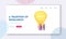 Brand Awareness, Recognition Landing Page Template. Tiny Female Characters Stand at Huge Glowing Light Bulb