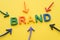 BRAND identity building and digital marketing strategy concept. Color highlight arrows pointing around BRAND alphabets word on