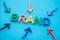 BRAND identity building and digital marketing strategy concept. Color highlight arrows pointing around BRAND alphabets word