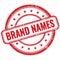 BRAND NAMES text on red grungy round rubber stamp