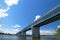 Brand new bridge over wide river under blue clear sky