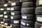 Brand new Pirelli motor tyres stacked on a shelf