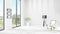 Brand new white loft bedroom minimal style interior design with copyspace wall and view out of window. 3D Rendering.