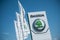 The brand `Skoda` the czech brand of cars signage on showroom