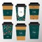 Branded paper coffee cup design, cardboard mugs illustrated with logo. Take away cardboard cup with sleeve decorated