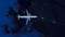 Brandless passenger airplane in night sky top view