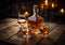Brandy cognac decanter with glasses on table with candles background.Macro.AI Generative