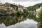 BRANTOME, FRANCE - MAY 27, 2019: The old town of Brantome and his stone houses along the river Dronne, Dordogne, Aquitaine, France