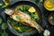 Branzino or Seabass Fillet with Bisque Sauce and Spinach with Grilled Spigola or Sea Bass on Dark Stone