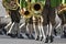 A brass band in leather pants marches in step -