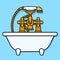 Brass bathtub and faucet over blue