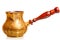 Brass coffee pot with wooden handle on a white background