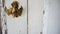 Brass hanging bat door knocker welcomes to rustic doorway