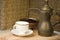 Brass Jordanian coffee pot, teacup & groun