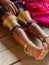 Brass leg decorations known as `frog drums` worn by women of the Kayaw Tribe, a minority group living in Loikaw state, Myanmar