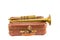 Brass retro wind instrument trumpet on old case