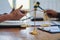 Brass scales are placed on the tables within the lawyer`s office for use as decorations and as a symbol of justice in judicial