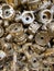 Brass scrap in a recycling centre, rejects from manufacturing process.