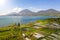 Bratan lake, sunrise. Bali nature mountainous landscape. Aerial view