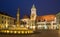 Bratislava - Main square in evening dusk with the town hall and Jesuits church.