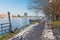 Bratislava - Scenery of the promenade of Danube with the old bridge in the background